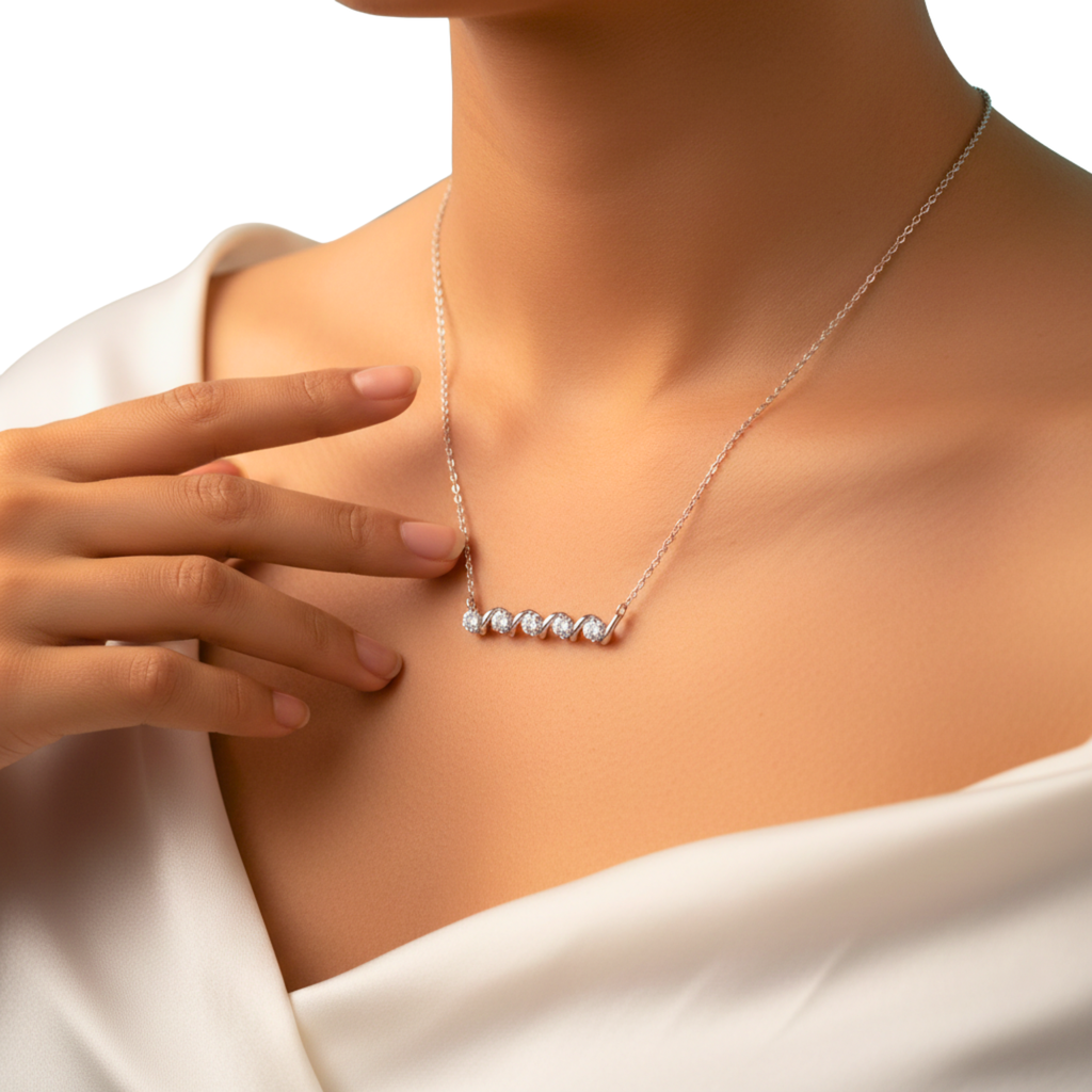 Necklace with small pearls being worn by a person
