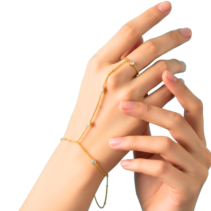 Gold bracelet on a hand against a white background