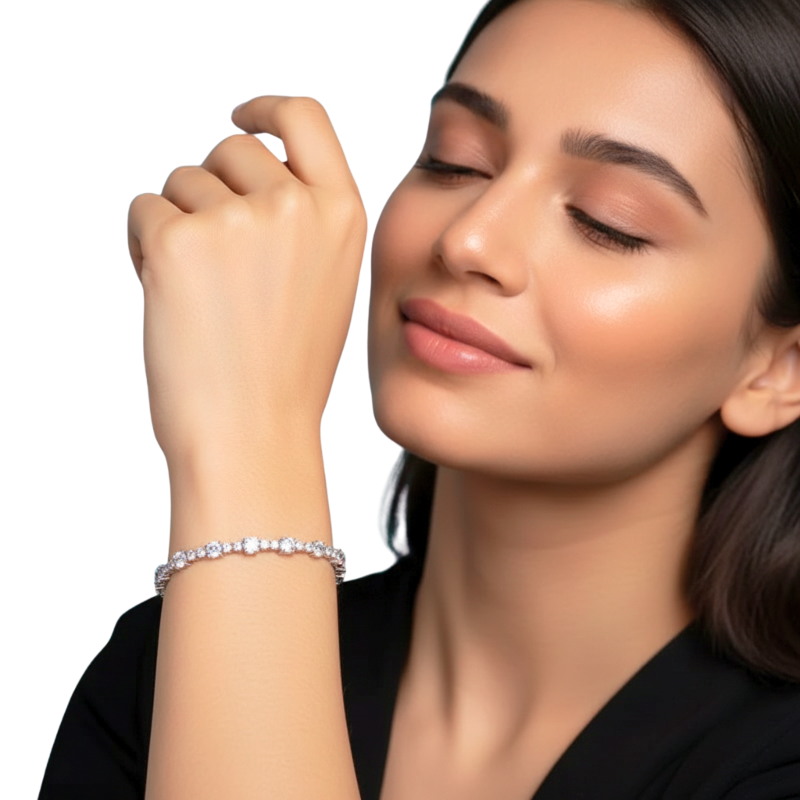 Woman wearing a bracelet on a white background
