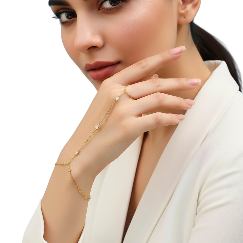 Gold bracelet on a hand with a white background