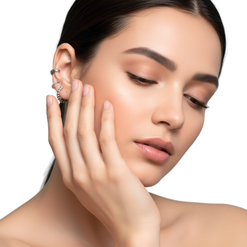 Close-up of a woman touching her ear with a neutral background