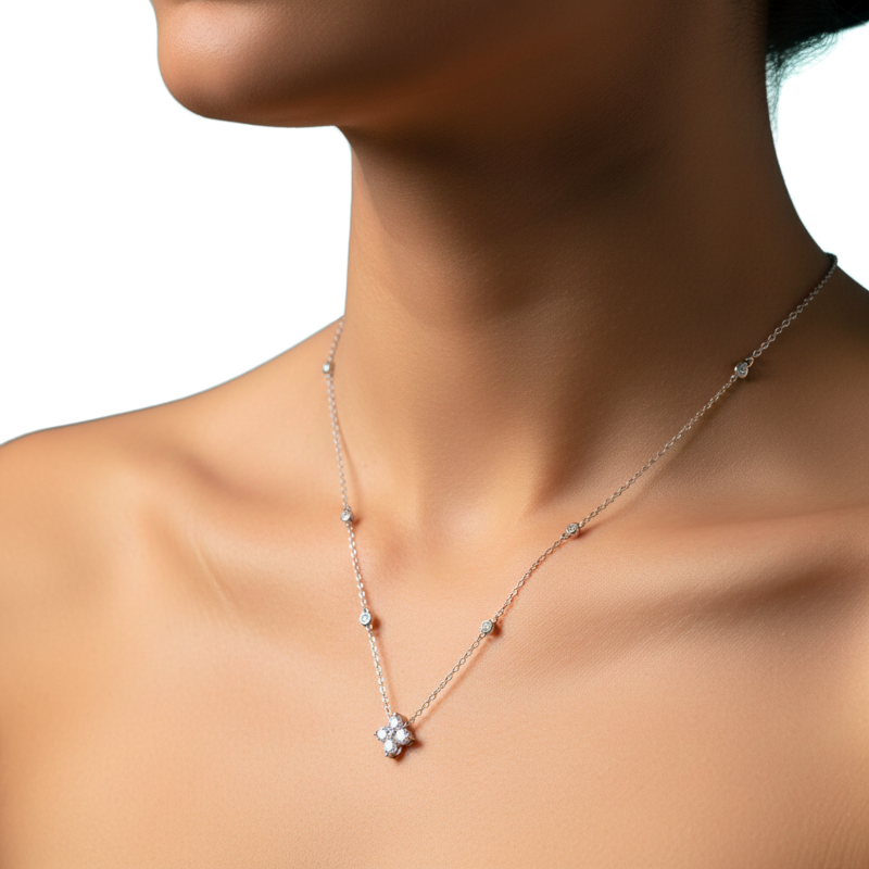Necklace with a floral pendant on a model against a neutral background