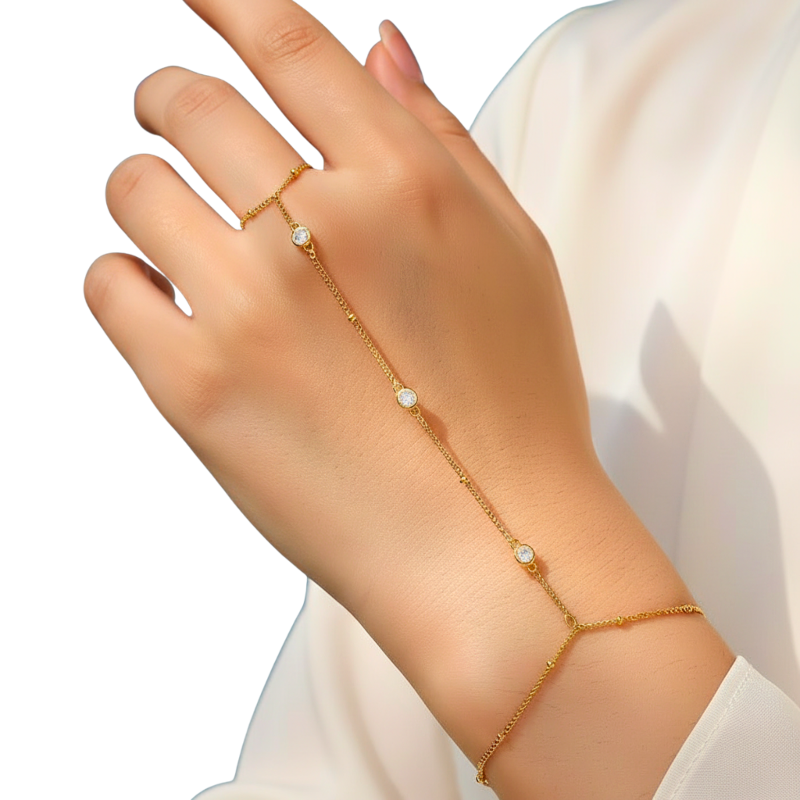 Gold hand chain on a person's hand with a white background
