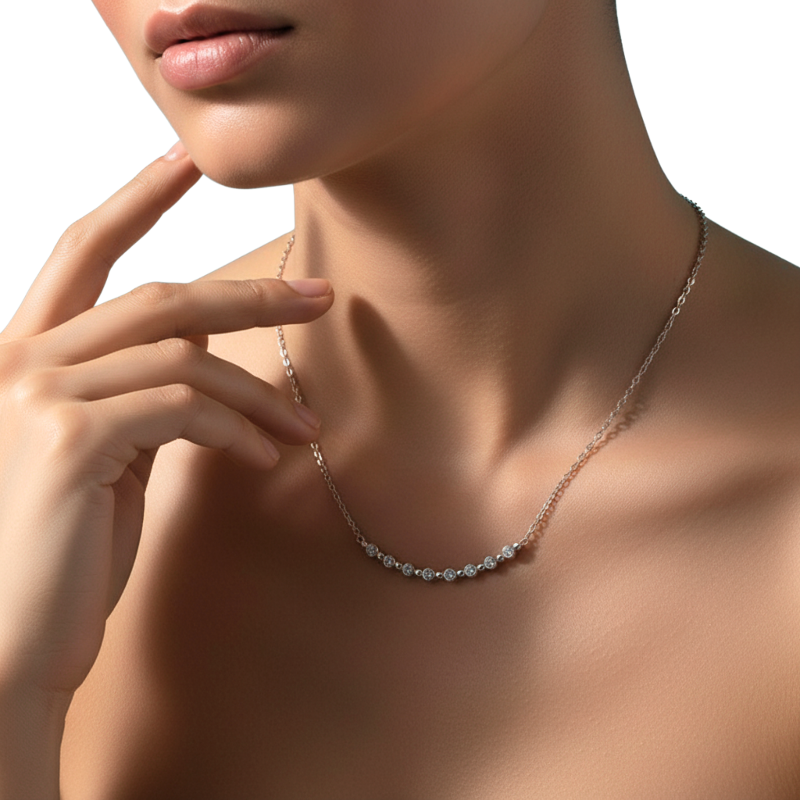 Necklace on a model with a neutral background