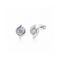 Pair of silver earrings with clear gemstones on a white background