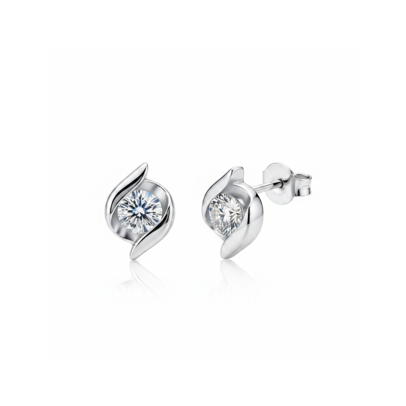 Pair of silver earrings with clear gemstones on a white background