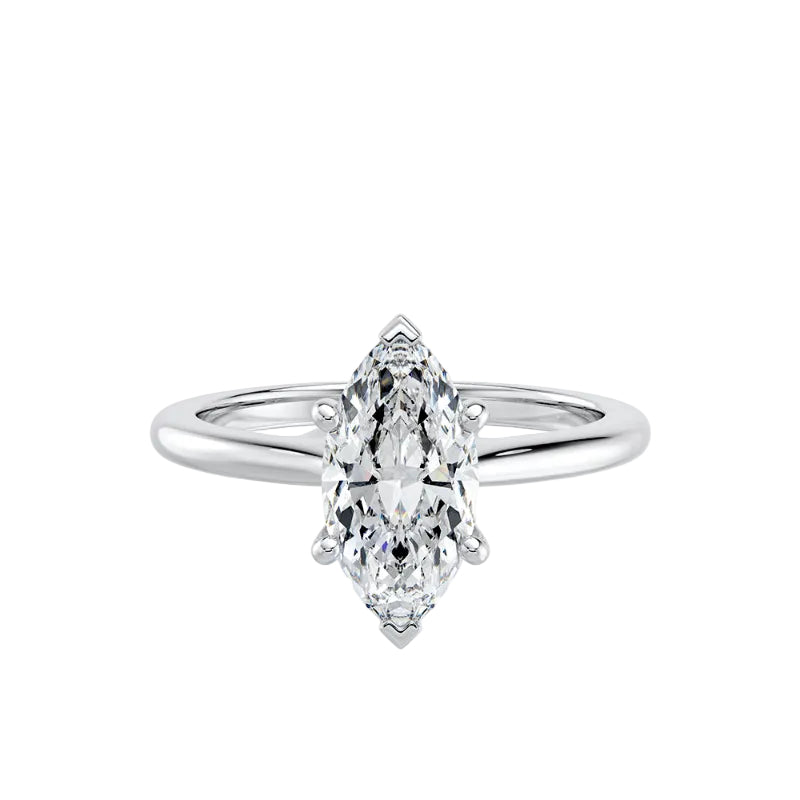 Diamond ring with a marquise-shaped gemstone on a white background