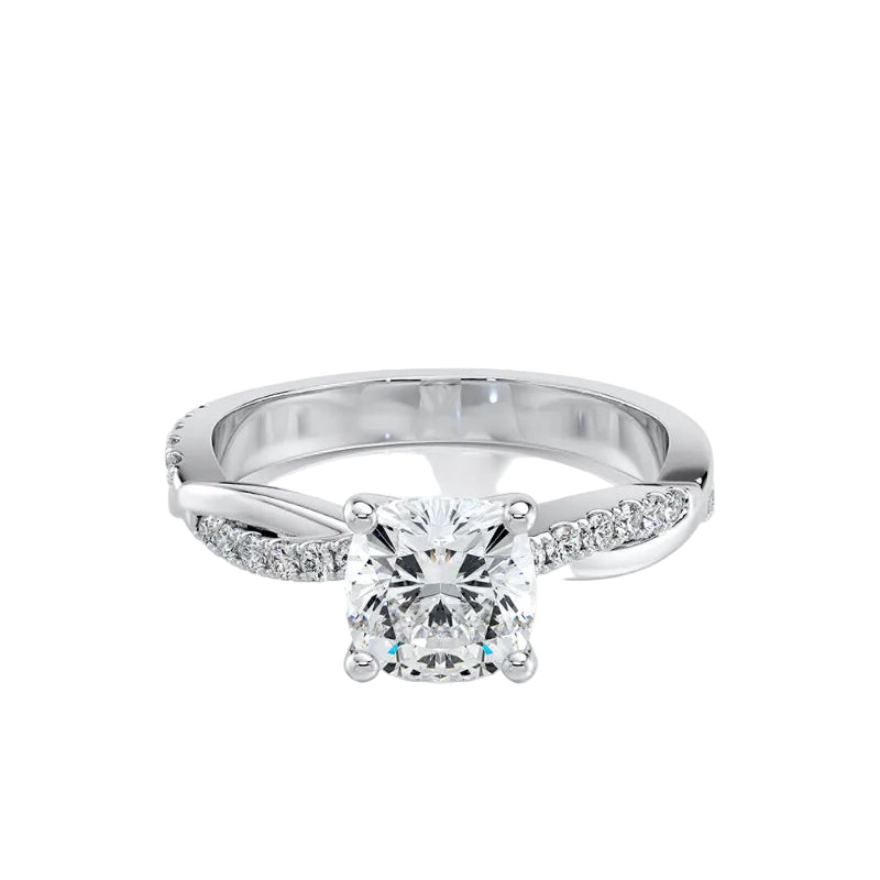 Diamond ring with a white gold band on a white background