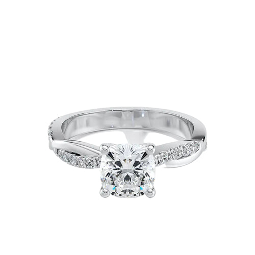 Diamond ring with a white gold band on a white background