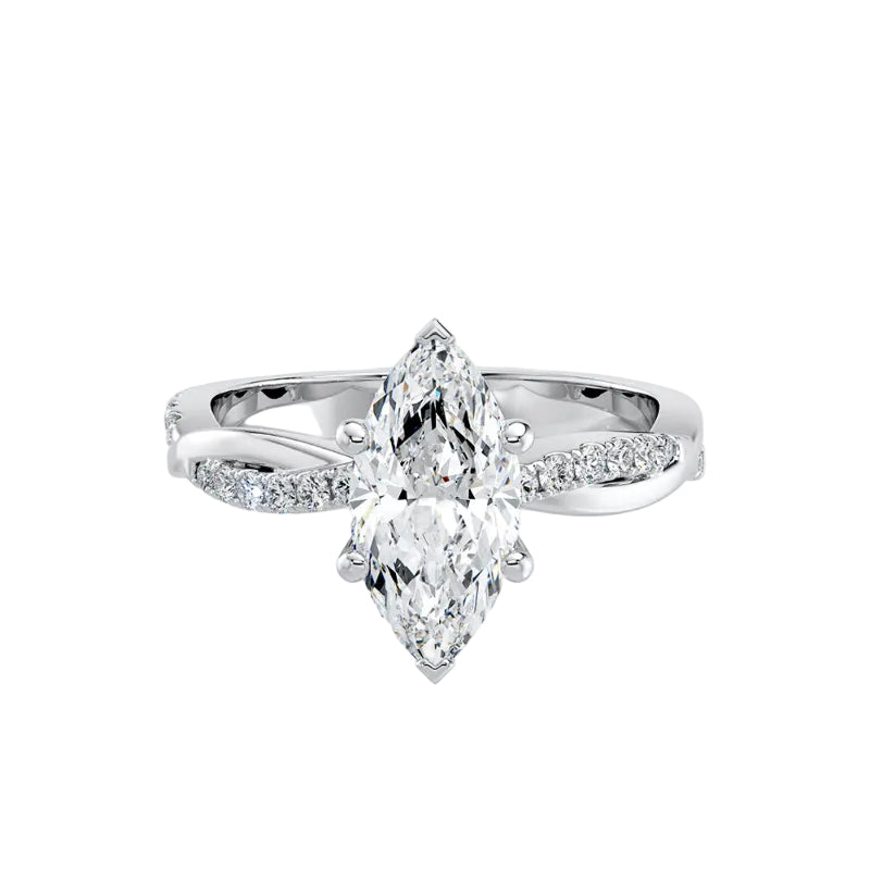 Silver ring with a marquise-shaped diamond on a white background