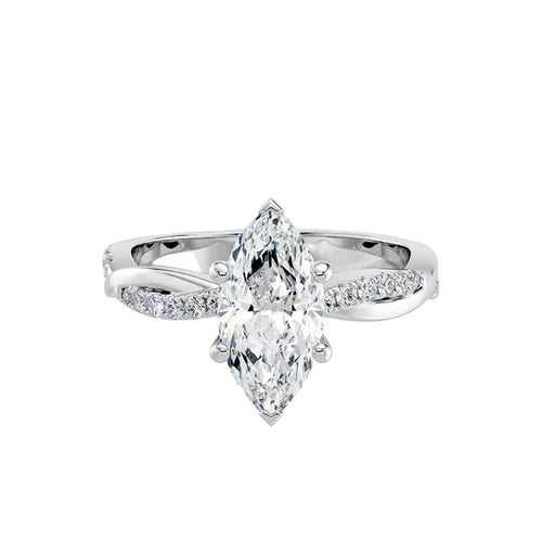 Silver ring with a marquise-shaped diamond on a white background