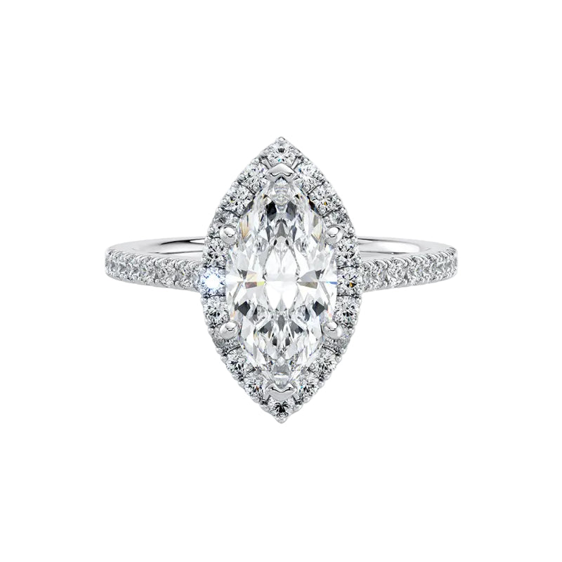Diamond ring with marquise-shaped center stone on a white background