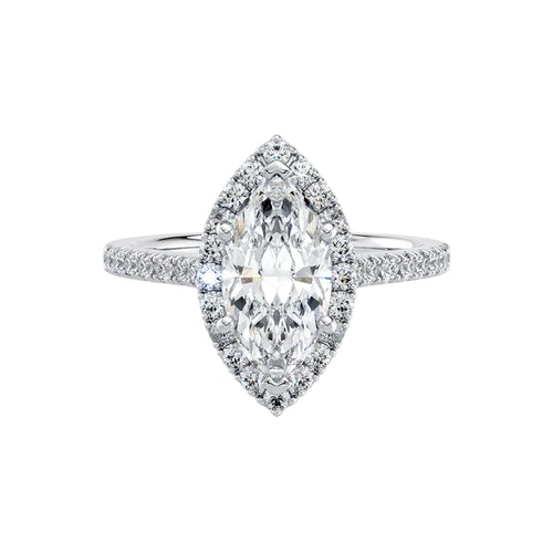 Diamond ring with marquise-shaped center stone on a white background