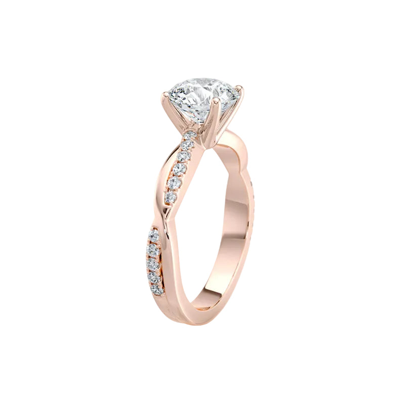 Rose gold ring with a diamond on a white background