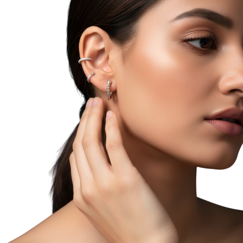 Close-up of a woman wearing multiple earrings on a white background