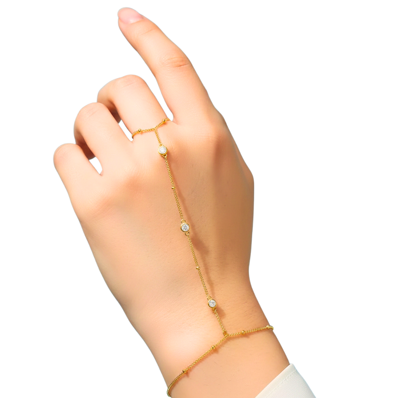 Gold bracelet on a hand against a white background