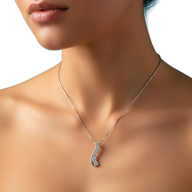 Silver necklace with a pendant on a model against a white background