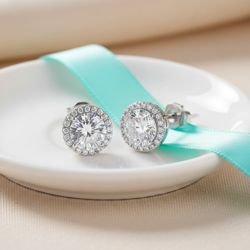 Silver stud earrings with clear gemstones on a white dish with a turquoise ribbon.