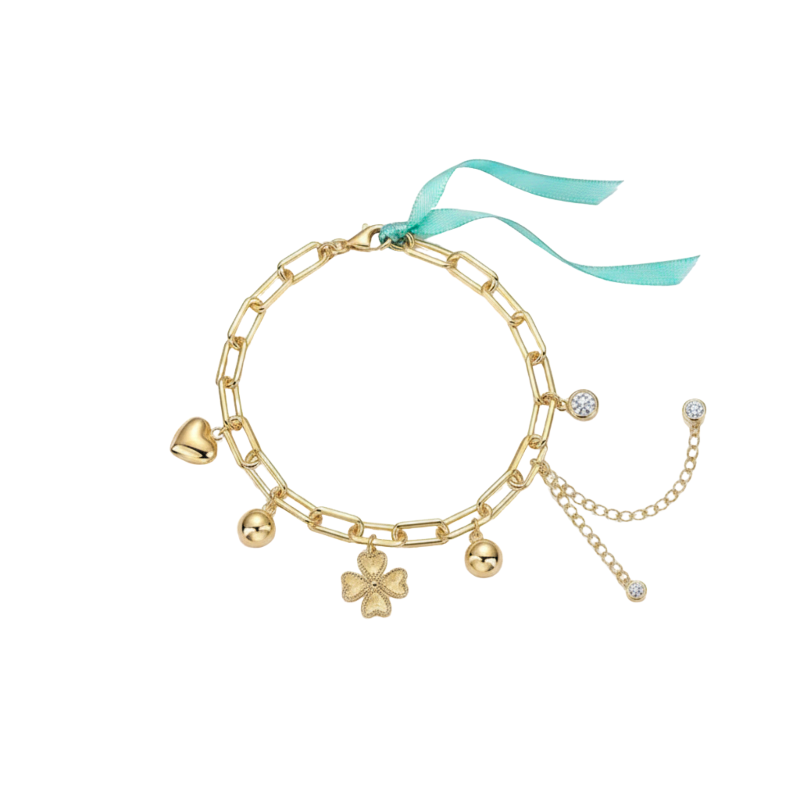 Gold bracelet with charms and a turquoise ribbon on a white background