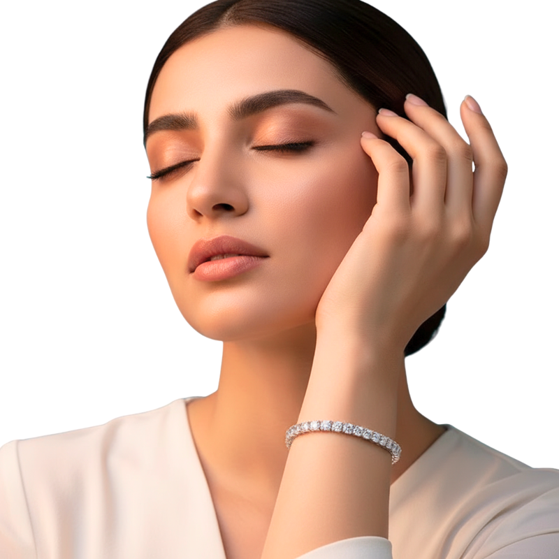 Woman wearing a diamond bracelet on a white background