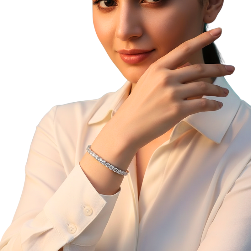 Woman wearing a silver bracelet on a white background