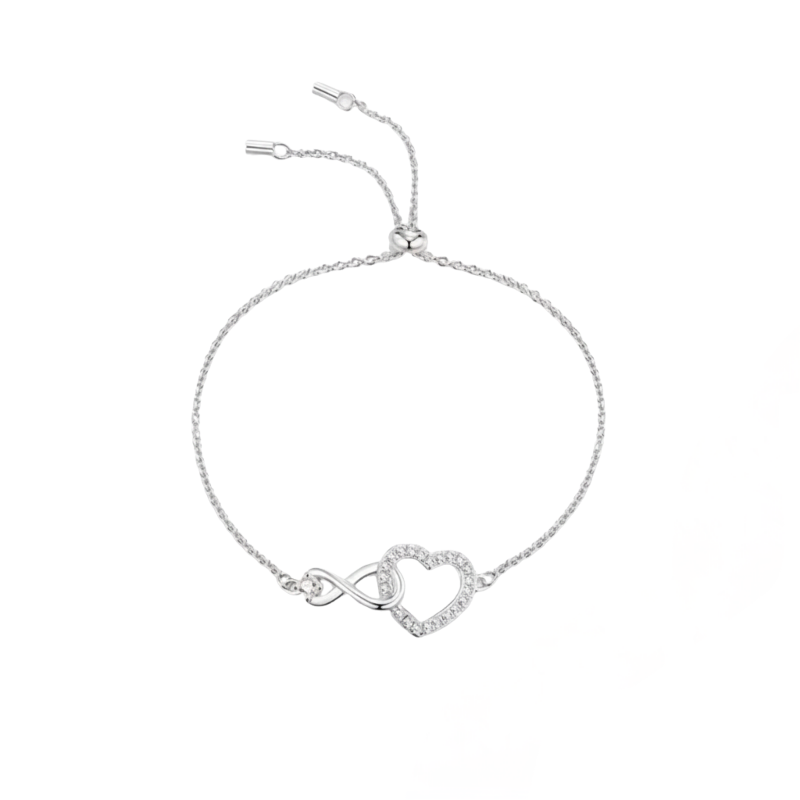 Silver bracelet with heart and infinity symbol on a white background