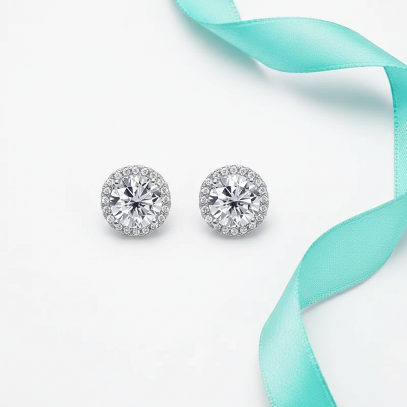 Diamond earrings with a turquoise ribbon on a white background