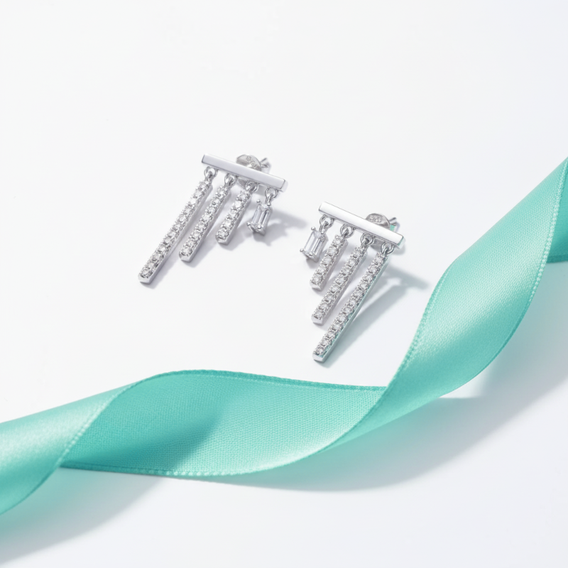 Silver earrings with dangling elements on a light blue ribbon against a white background