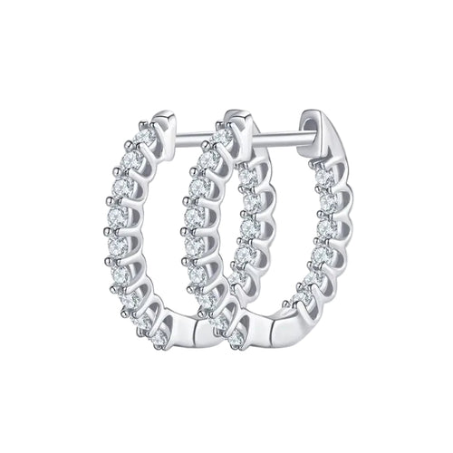 Pair of silver hoop earrings with clear gemstones on a white background inside-out pave hoops earrings diamond