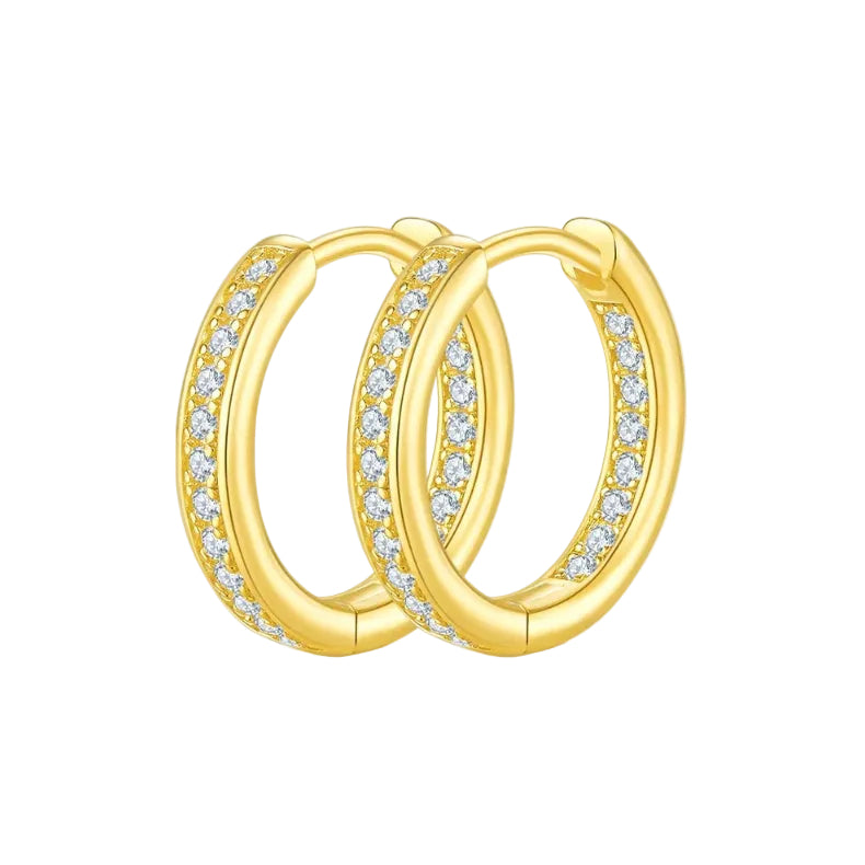 Gold hoop earrings with diamond accents on a white background