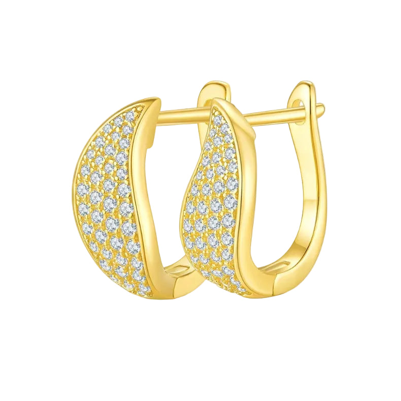 Gold hoop earrings with diamond accents on a white background