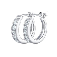 Silver hoop earrings with clear igi certified diamonds on a white background