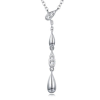 Silver necklace with teardrop-shaped pendants on a white background