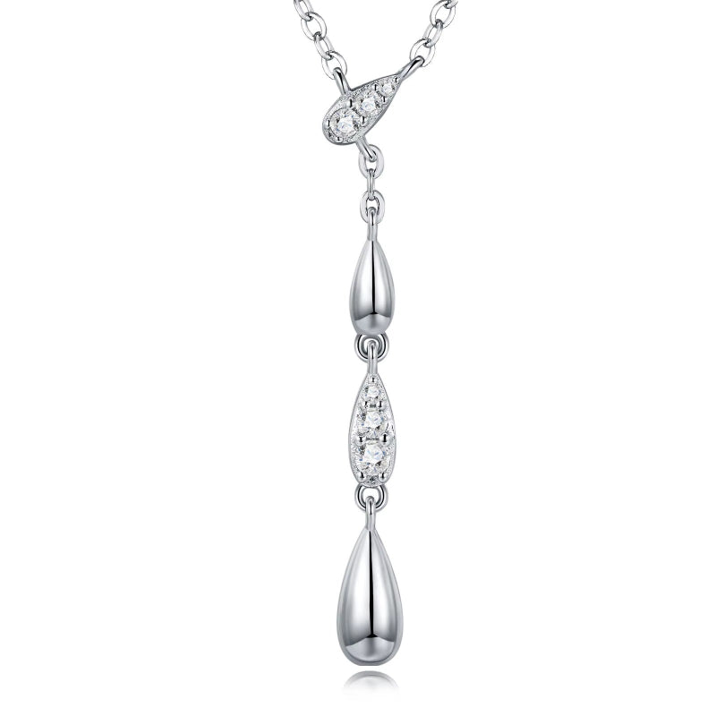 Silver necklace with teardrop-shaped pendants on a white background