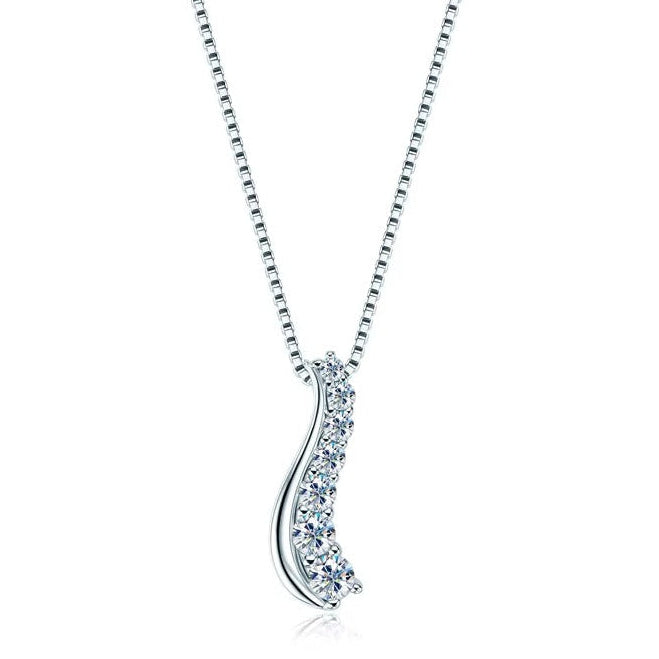Silver necklace with a wave-shaped pendant on a white background