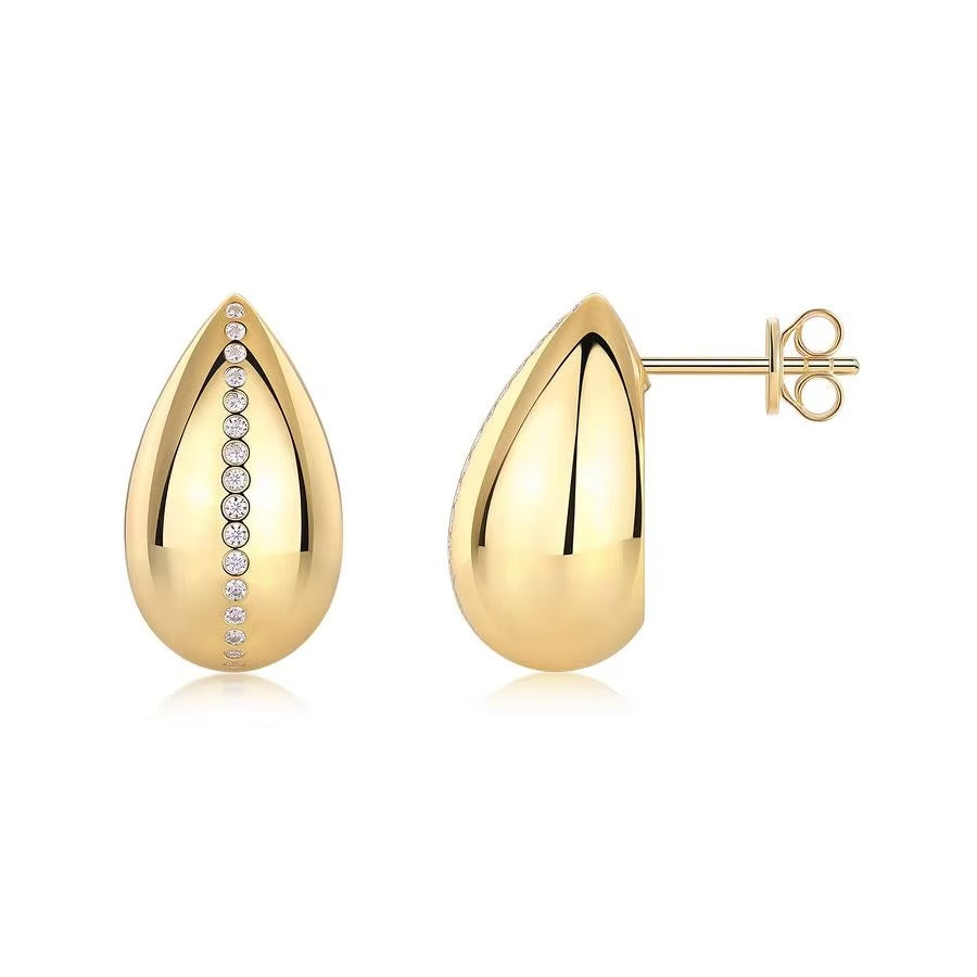 Gold teardrop earrings with embedded stones on a white background