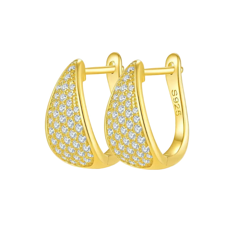 Gold hoop earrings with diamond accents on a white background