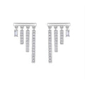 Pair of silver earrings with dangling diamond-like pendants on a white background