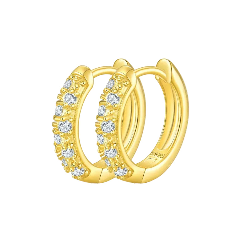 Gold hoop earrings with diamond accents on a white background